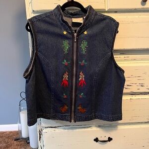 Khaki Rose Embroidered Denim Christmas Vest with Zipper. #18